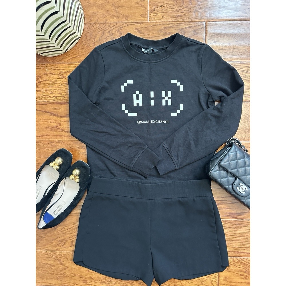 Armani Exchange Womens XS Black Pixel Box Logo Crewneck Sweatshirt Pullover